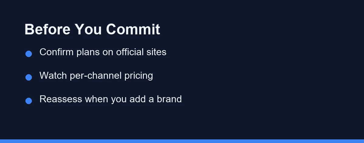 Before You Commit: Confirm plans on official sites; Watch per-channel pricing; Reassess when you add a brand