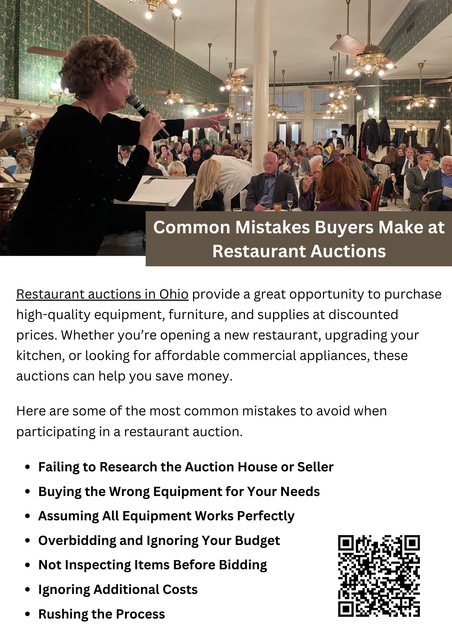 Restaurant auctions in Ohio provide a great opportunity to purchase high-quality equipment, furniture, and supplies at discounted prices. Whether you’re opening a new restaurant, upgrading your kitchen, or looking for affordable commercial appliances, these auctions can help you save money. However, buyers often make mistakes that lead to overspending, purchasing faulty equipment, or facing unexpected costs. To know more visit here https://www.wyethauctions.com/industries/food-service-restaurant-equipment