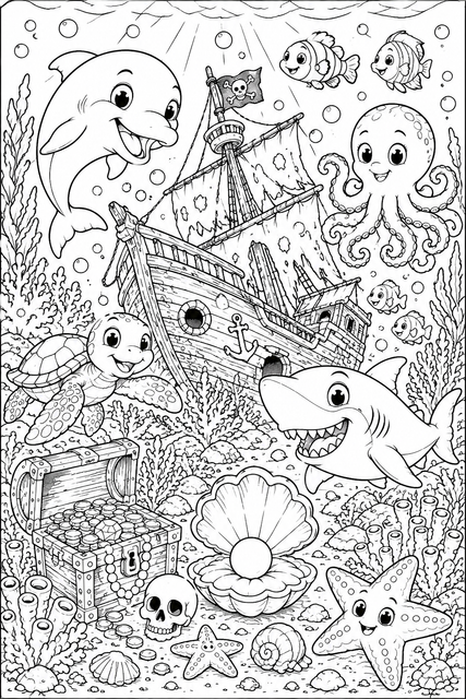 Printable Sunken Pirate Ship Ocean Adventure colouring page for kids