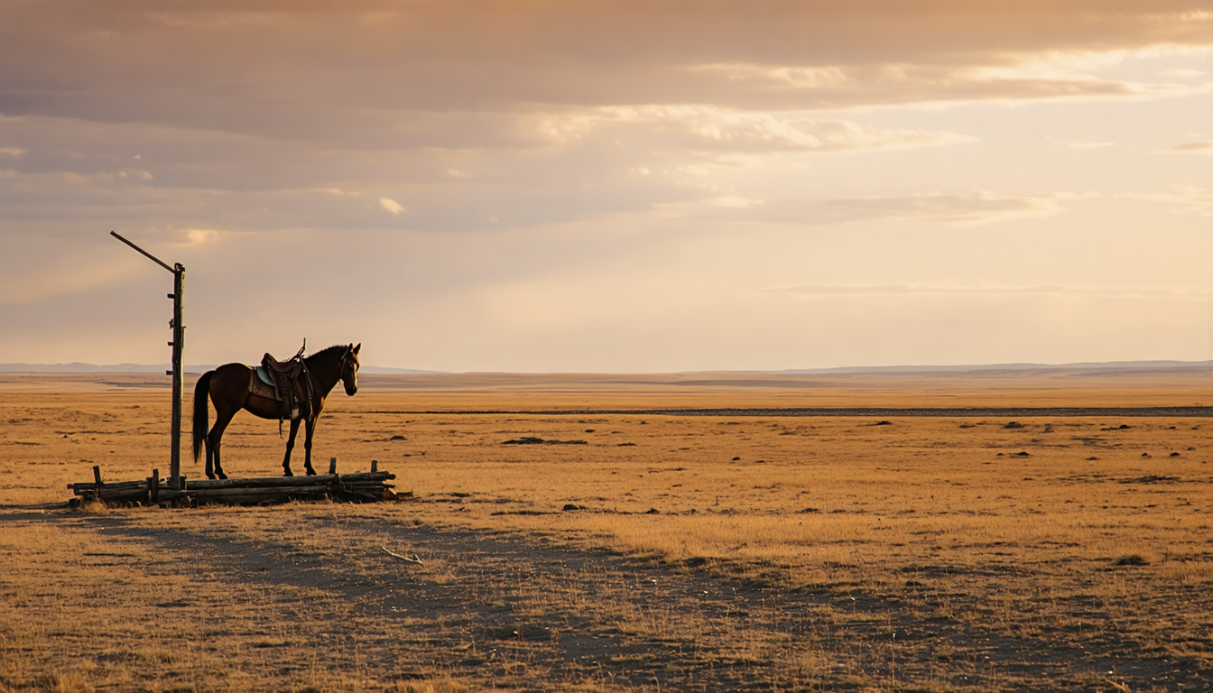 A single horse standing at a relay post on an empty steppe at dusk, saddled but riderless.