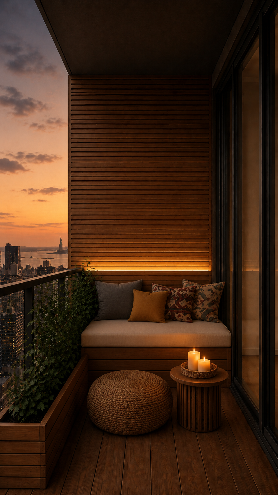 Balcón minimalista con vistas al skyline, paneles de madera horizontal y luz cálida de velas