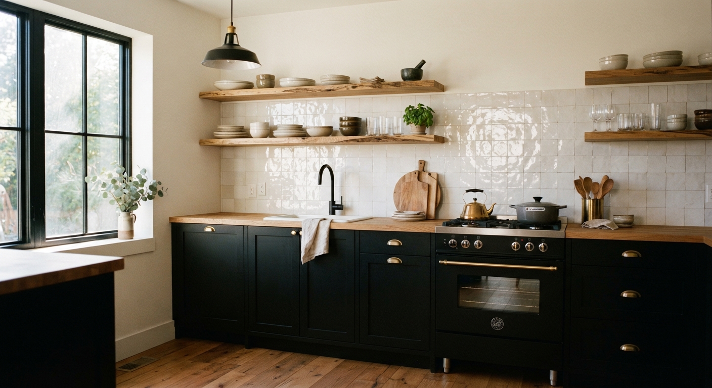 Carrelage Zellige blanc pour crédence de cuisine noire et bois style scandinave