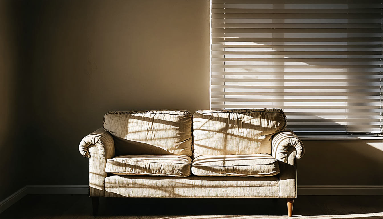 A single worn couch in an otherwise empty dim apartment, early morning light through blinds