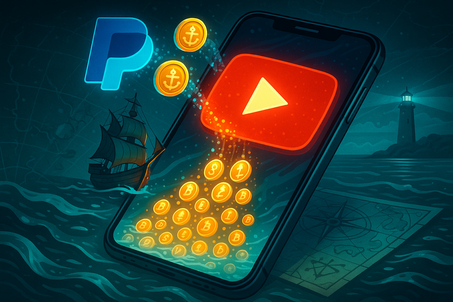 Illustration of YouTube integrating stablecoin payments via PayPal for content creators
