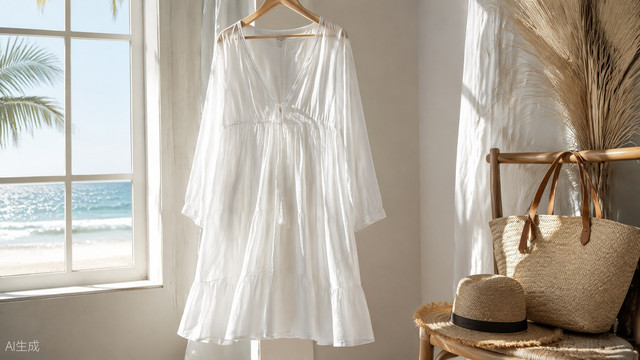 Sheer white cotton voile beach cover-up dress by a sunny window