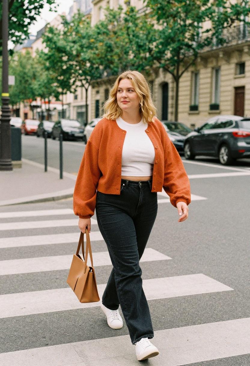 Plus-size woman in terracotta cropped oversized cardigan with straight-leg jeans and white sneakers, urban spring street style