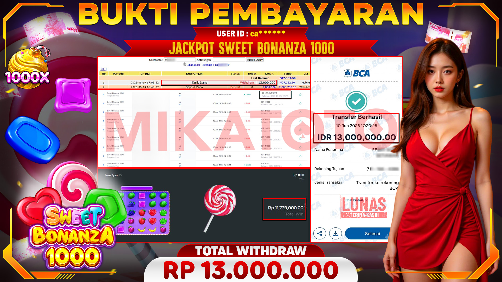 🏆 SELAMAT KEPADA PEMENANG JACKPOT DI Sweet Bonanza 1000 - Pragmatic Play 13,000,000🏆