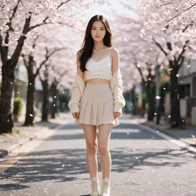 A girl with a cropped white lace camisole, cream cardigan falling off the shoulders, pleated beige mini skirt, and cream lace-up boots, standing on a cherry blossom street, soft romantic spring aesthetic.