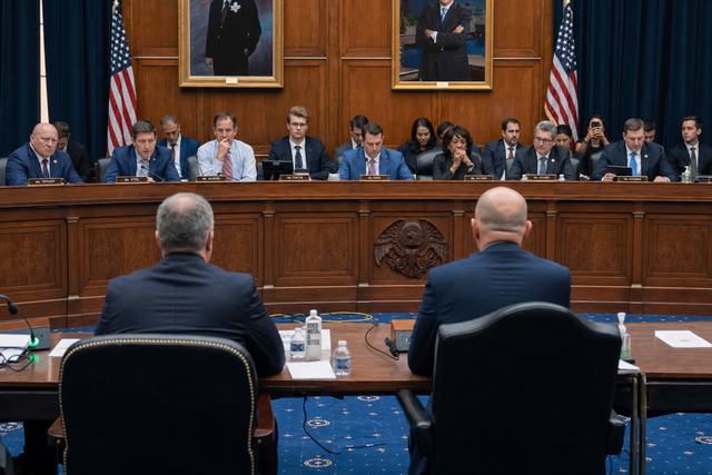 A U.S. congressional committee hearing room with lawmakers seated at a table discussing cryptocurrency regulation, political news documentar