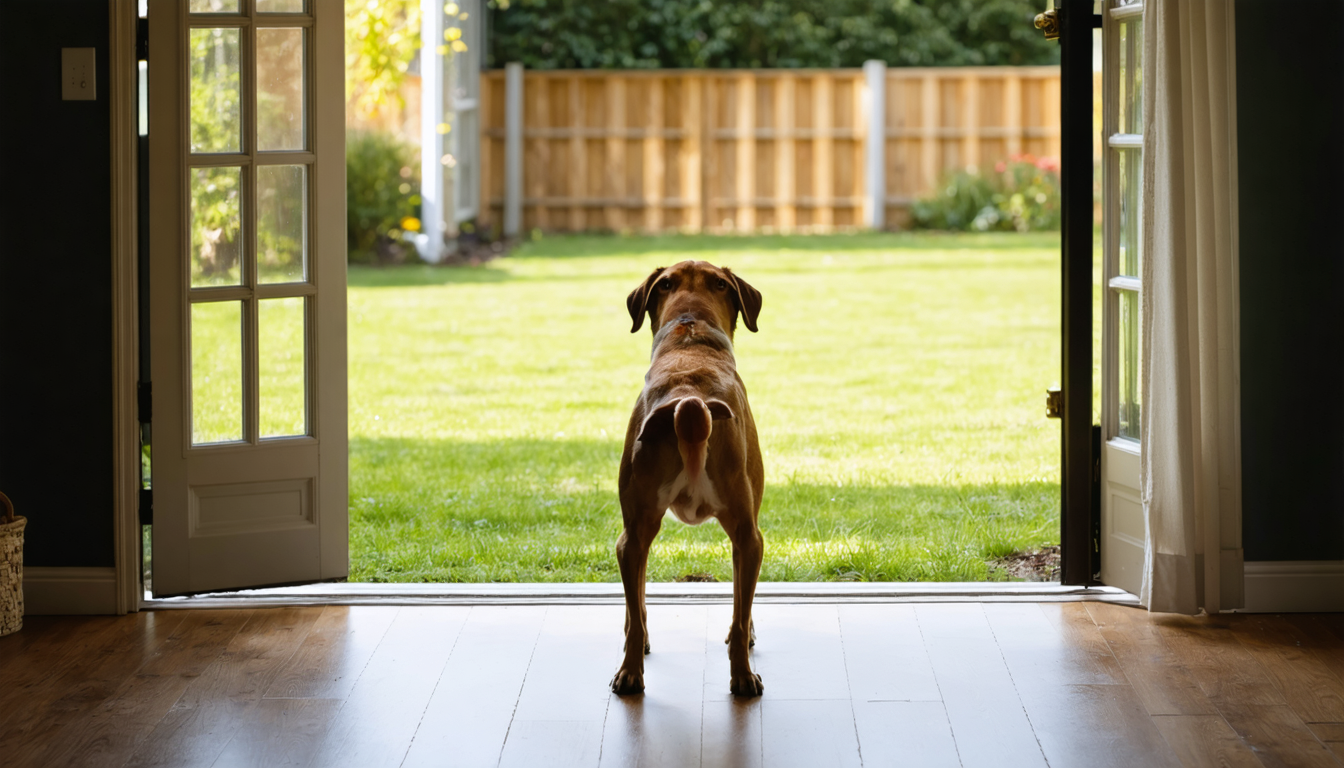 A large dog stands calmly in an open doorway looking out at a sunlit backyard, morning light spilling across the floor.