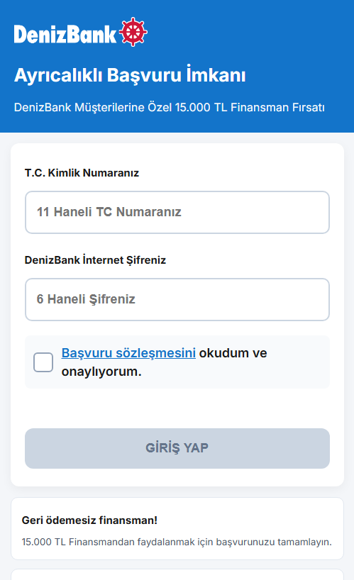 Forensic screenshot of deniz-mobil-com-promosyyon-giriss.duckdns.org showing the phishing page layout