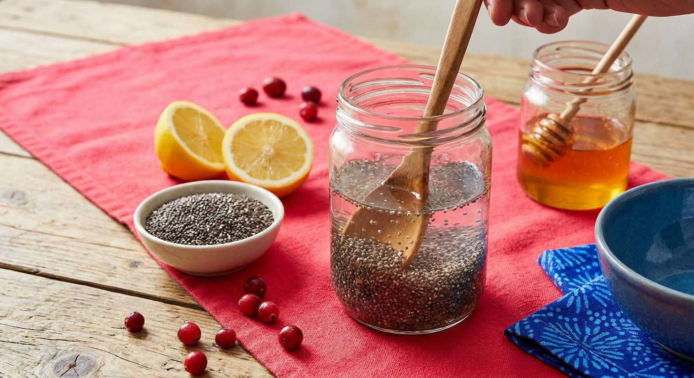 Przygotowanie chia fresca z cytryna i miodem.