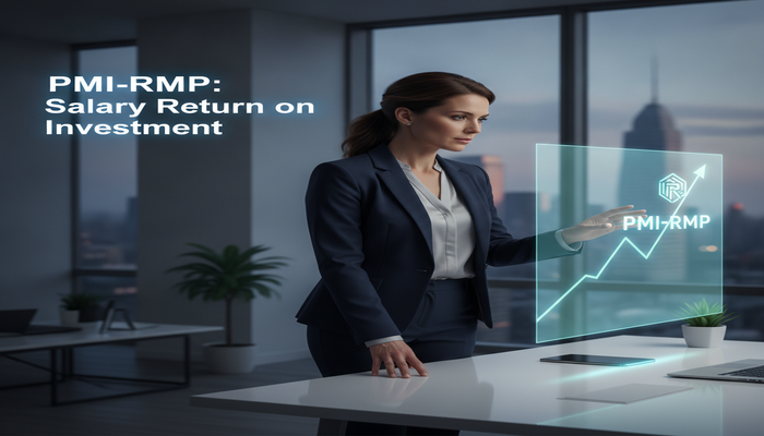 A professional woman thoughtfully analyzing an upward-trending holographic financial graph with a PMI-RMP logo, symbolizing the career and salary return on investment for the PMI-RMP certification.