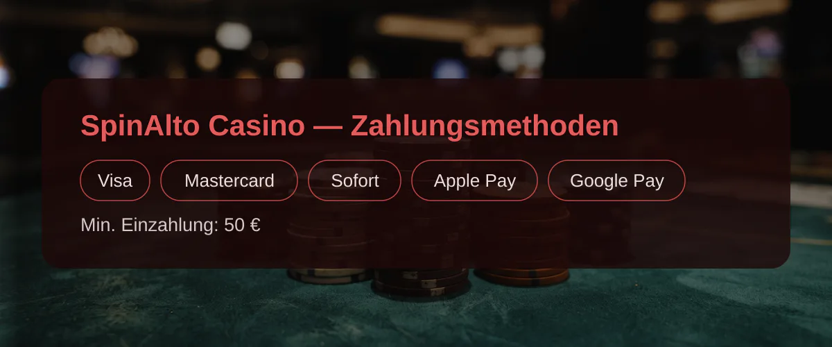 SpinAlto Casino — Zahlungsmethoden: Visa, Mastercard, Sofort, Apple Pay, Google Pay