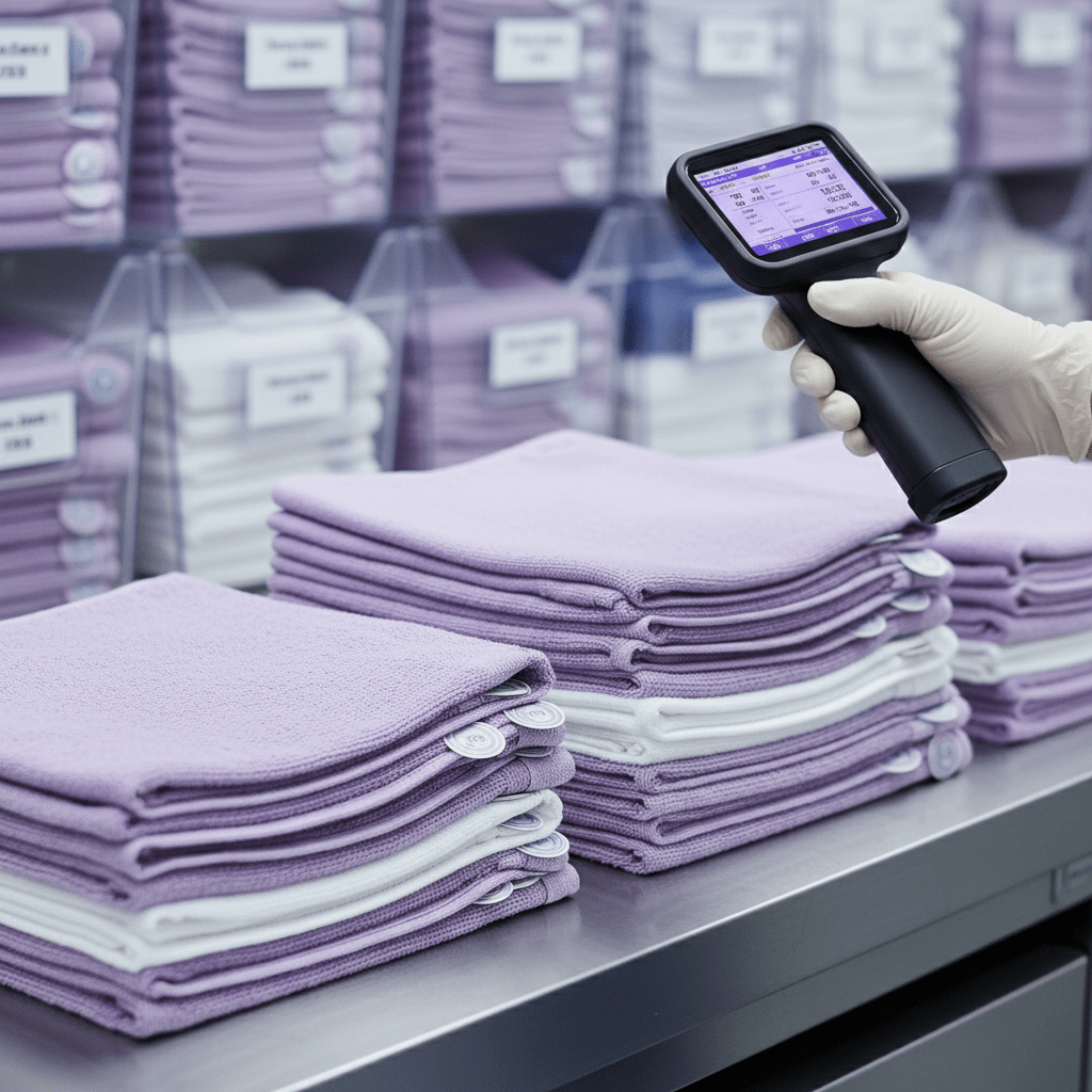 RFID-tagged hotel linen being scanned for inventory control