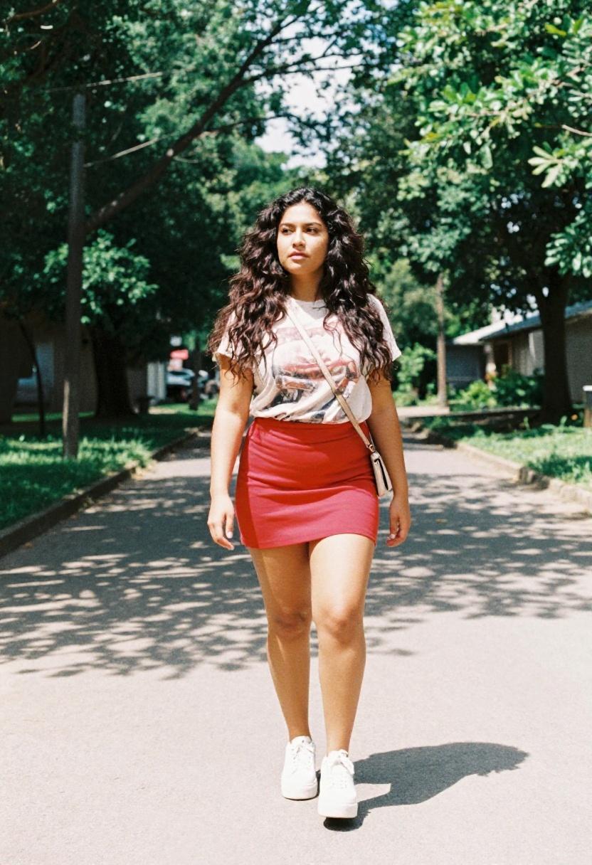 Plus size woman in cherry red mini skirt and graphic tee mid-stride on city street