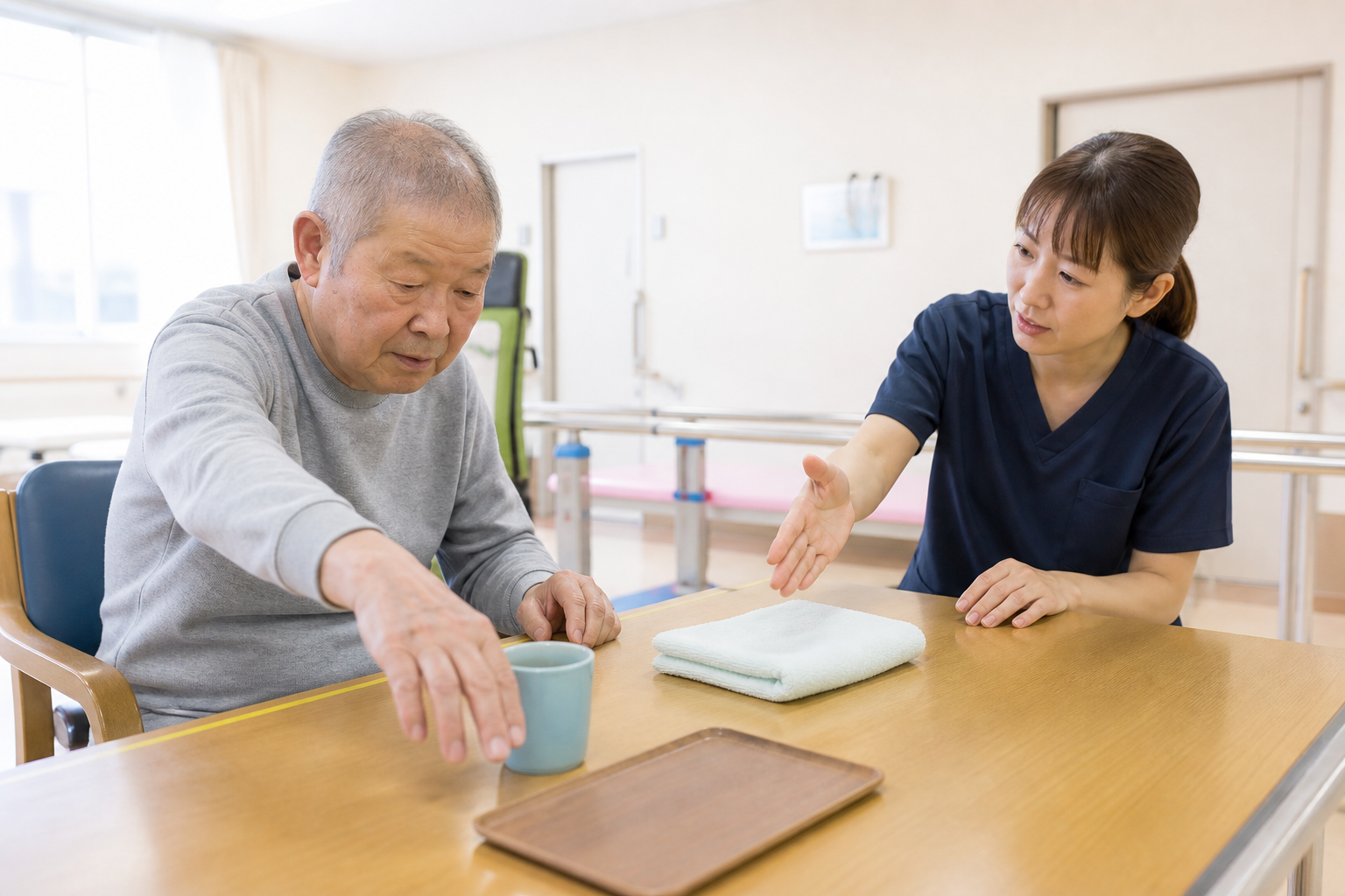 療法士と日用品を使った安全な生活動作練習を行う場面