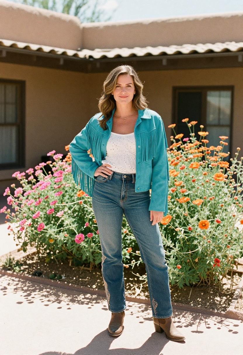 Turquoise fringed suede jacket with embroidered jeans for vibrant western country event style
