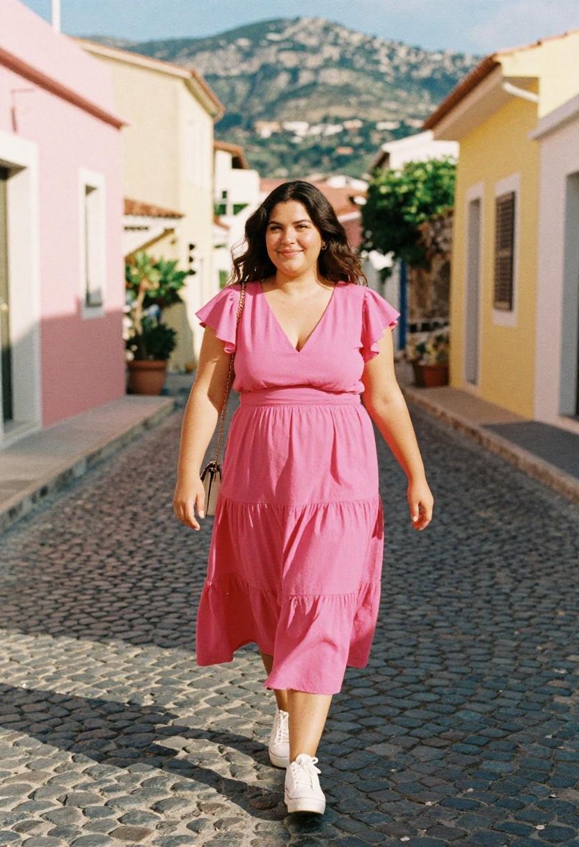 Plus size woman in fuchsia flutter-sleeve midi dress with white sneakers on cobblestone spring street