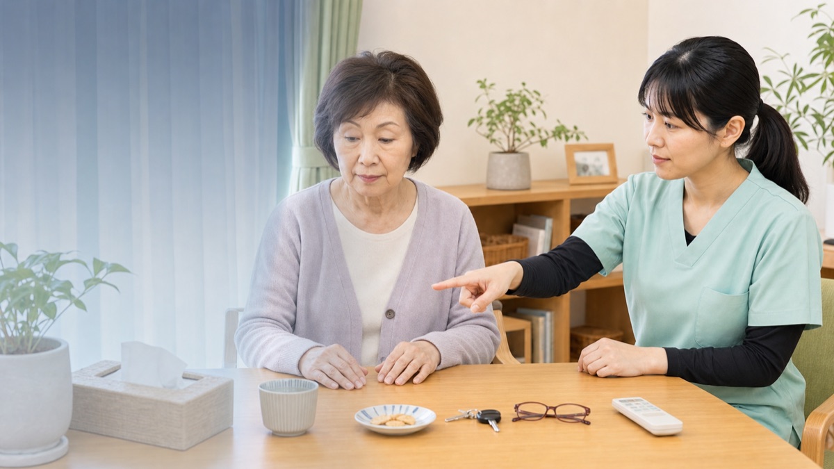 同名半盲で片側が見えにくくなる状態を療法士と確認する場面