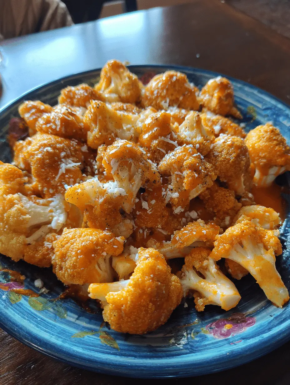 Crispy cauliflower buffalo wings covered in spicy sauce, served with celery and ranch dipping sauce.
