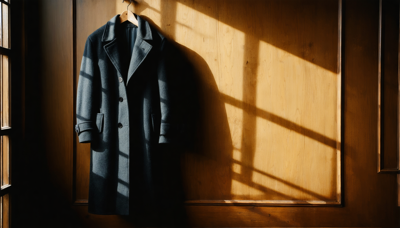 A single dark overcoat hanging on a hook, casting a long shadow that resembles a uniformed figure on a bare wall.