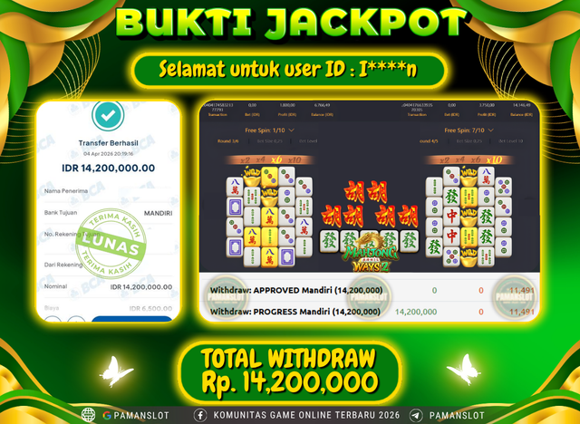 Selamat kepada Member PAMANSLOT Game Mahjong Ways : I****n 