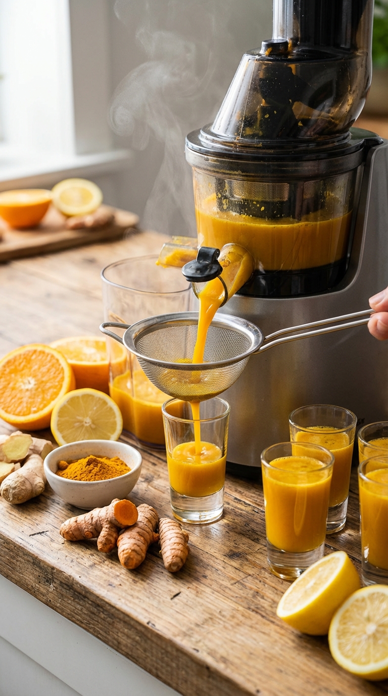 High speed juicer and mesh strainer used for making wellness drinks