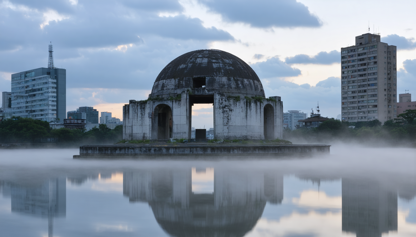 Weathered concrete dome of the Hiroshima Peace Memorial (Genbaku Dome) seen through morning mist, with modern city buildings visible behind it.