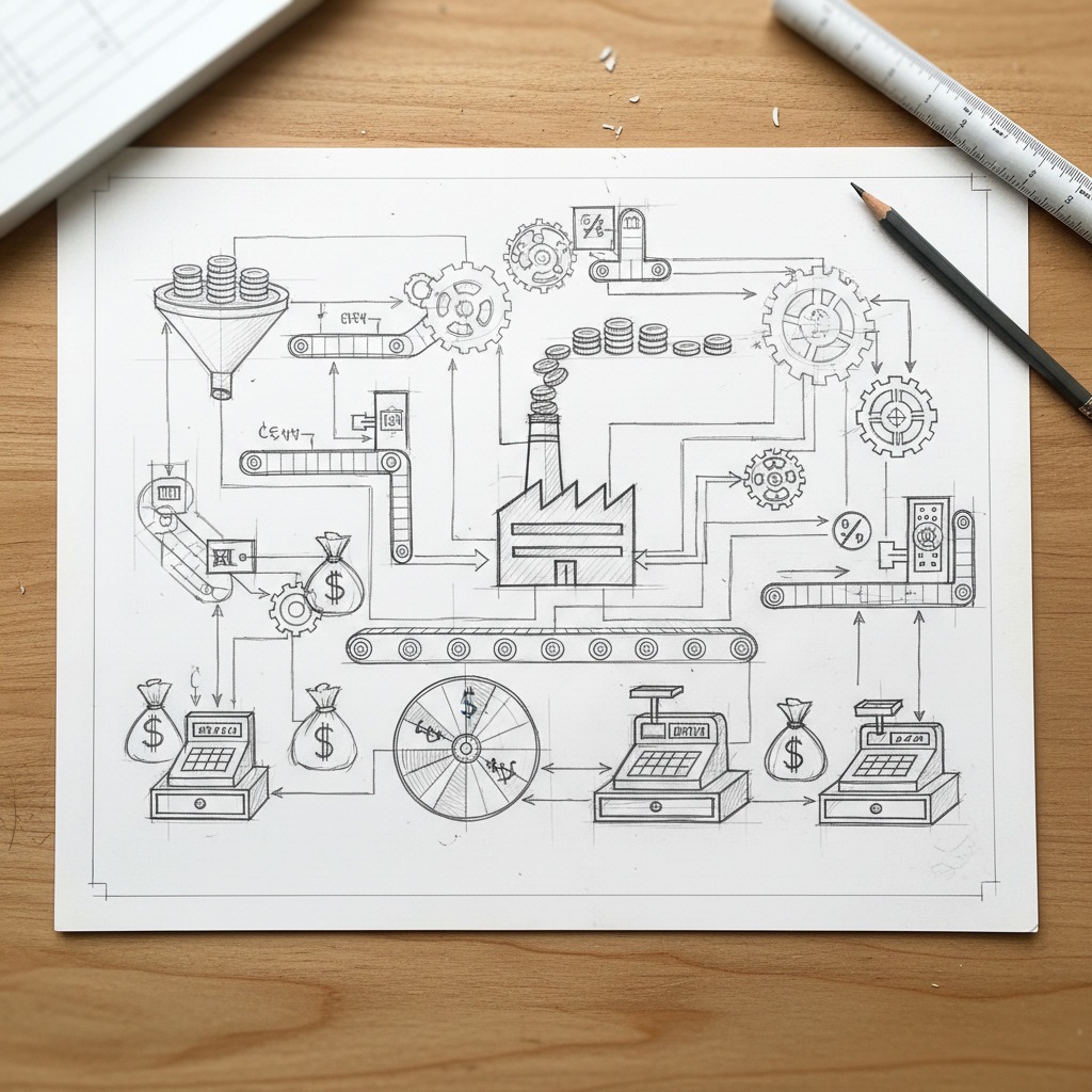 Complex blueprint for revenue machine.