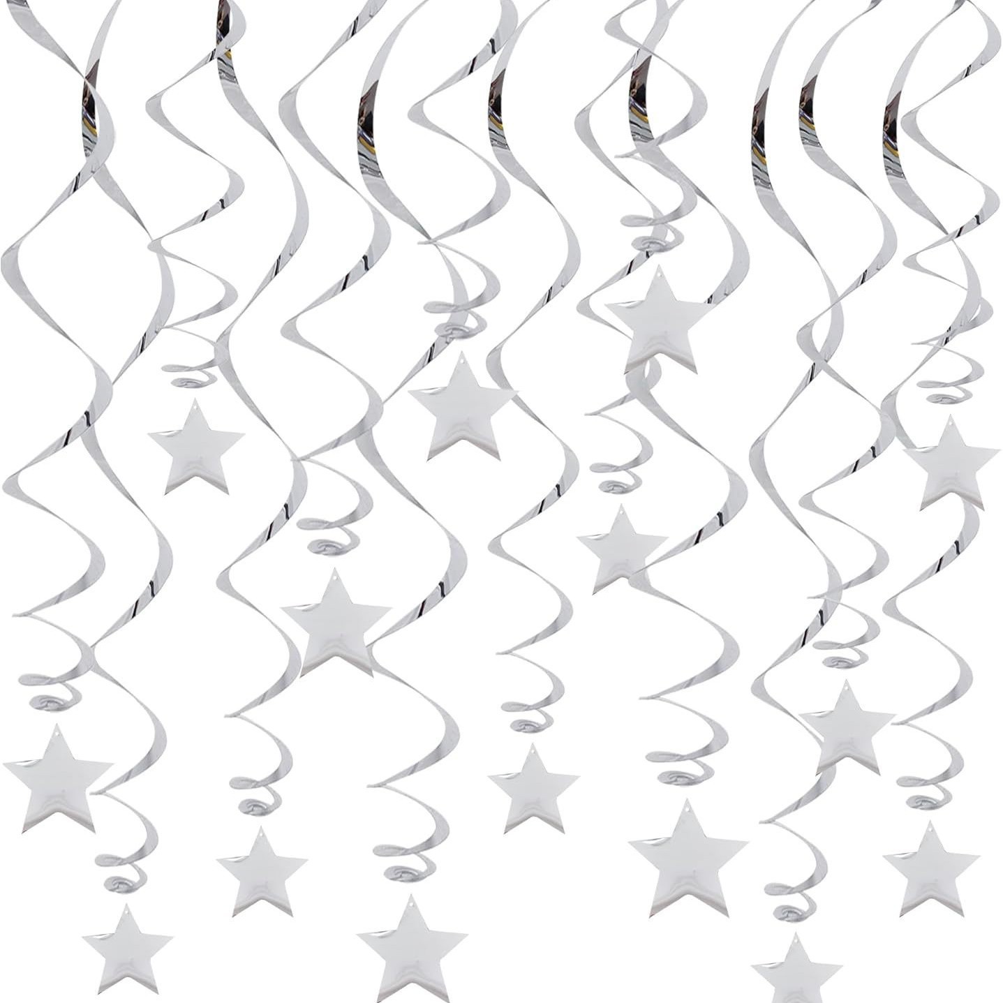 30-Piece Set for Silvery Star Spiral Hanging Decorations - Birthday, Wedding, Graduation, and Party Ceiling Decoration - Festive Swirl Streamers, Easy Hang Party Supplies