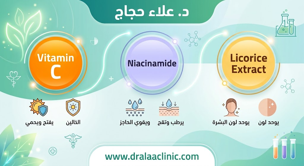 المكونات المدعومة علمياً لتفتيح البشرة: فيتامين سي والنياسيناميد وعرق السوس - د. علاء حجاج