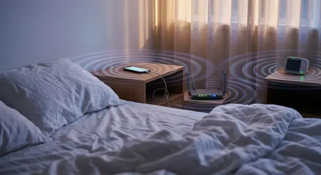 Serene bedroom with multiple glowing electronic devices emitting subtle radiation waves, unsettling mood