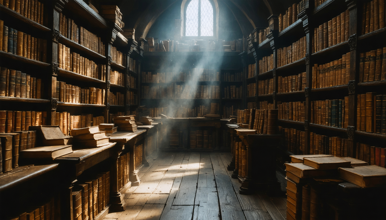 A dim monastery library with worn leather-bound books on wooden shelves, soft light from a high window, dust in the air.