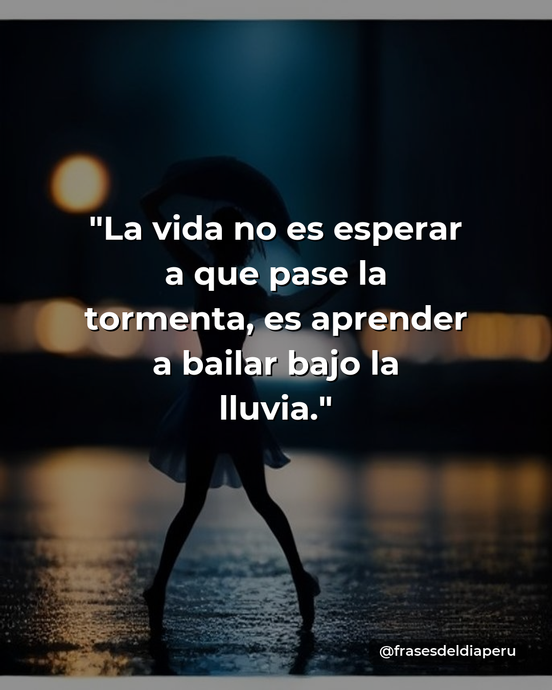 Silueta humana bailando bajo una lluvia fina con luces cálidas de fondo