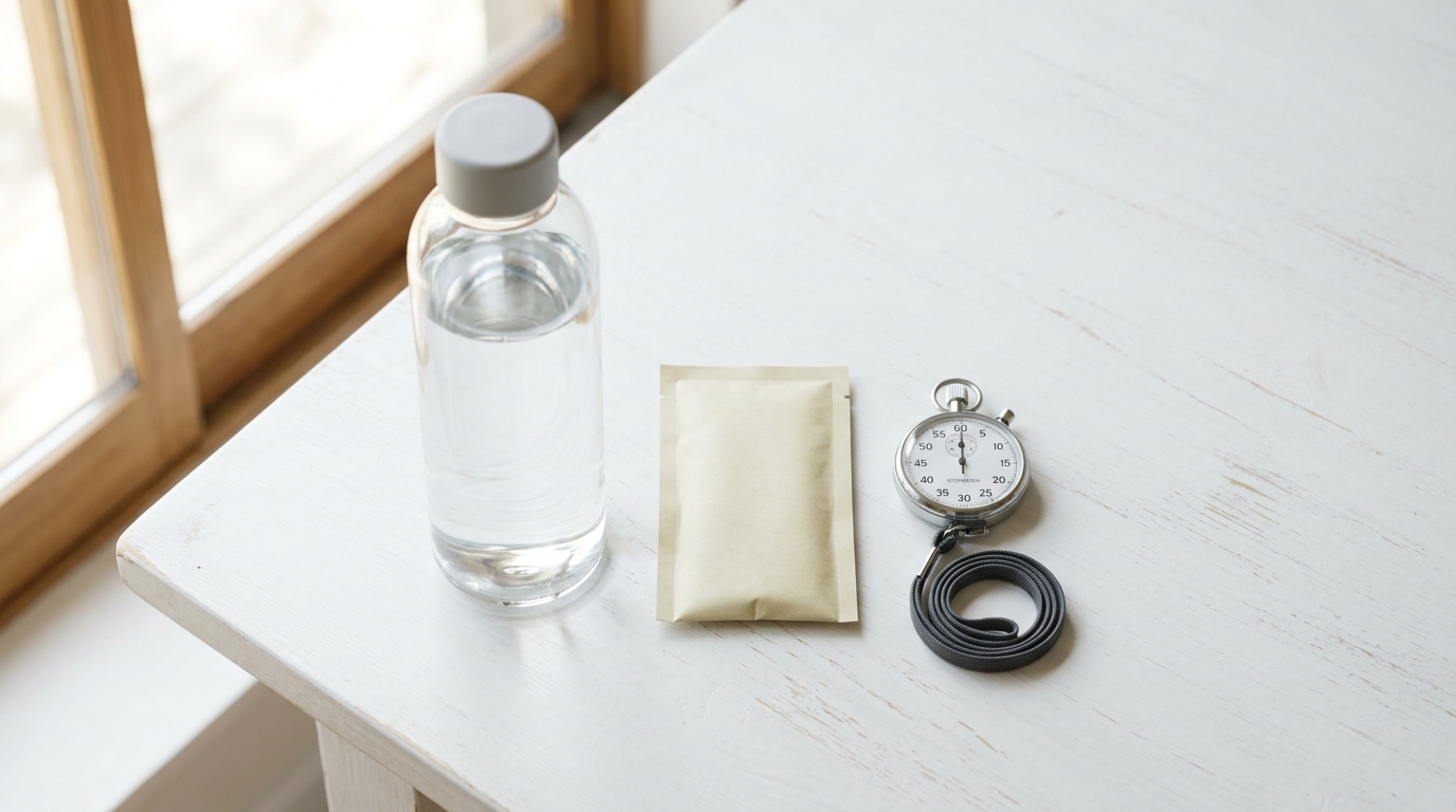 Pre-workout hydration setup flat lay with water bottle and electrolyte sachet