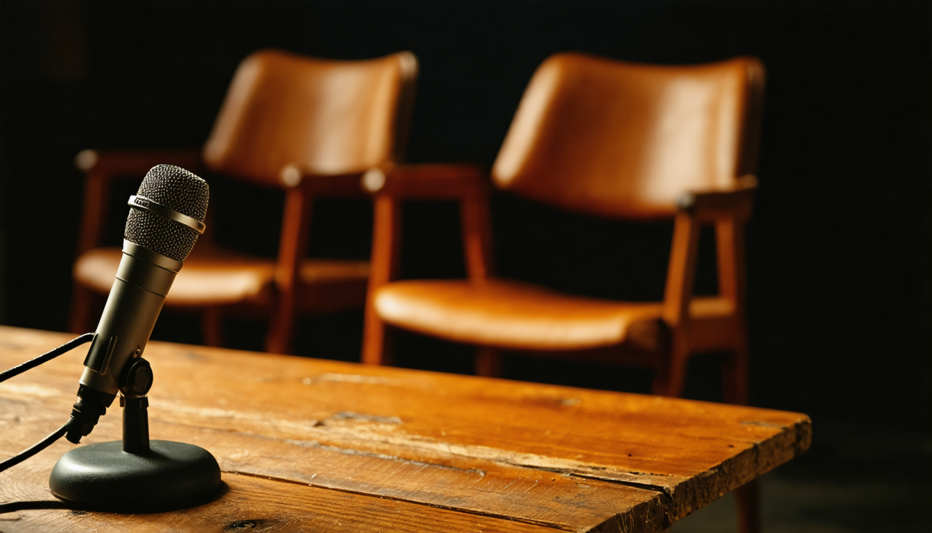 A single microphone on a wooden table in a dim studio, warm light pooling around it, two empty chairs slightly out of focus in the background.