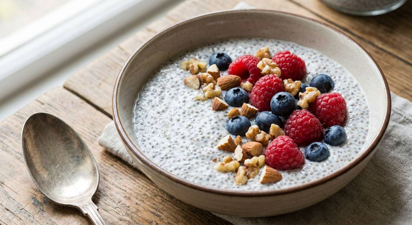 Pudding chia ze swiezymi owocami i orzechami.