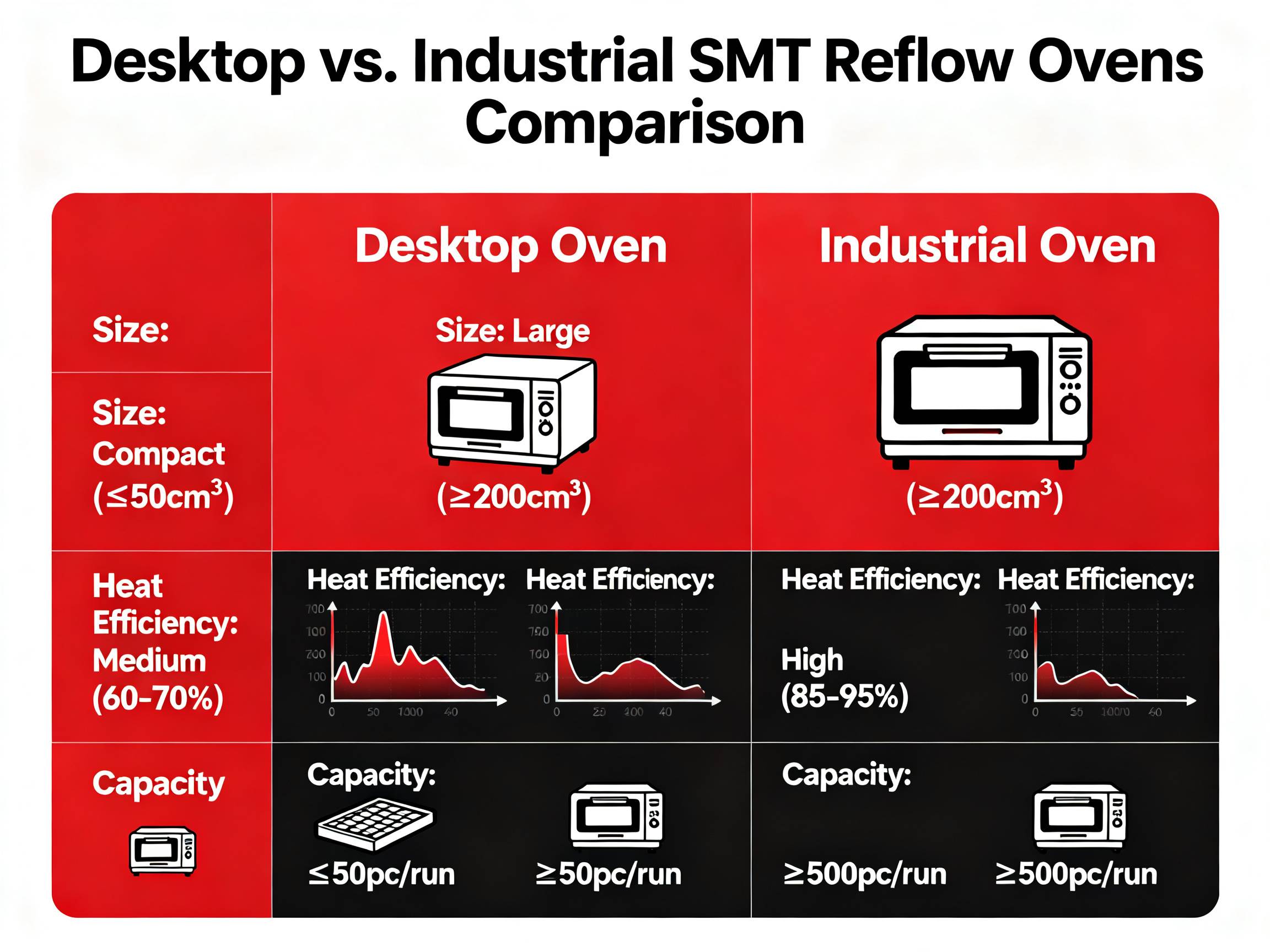 Desktop vs. industrial reflow ovens.