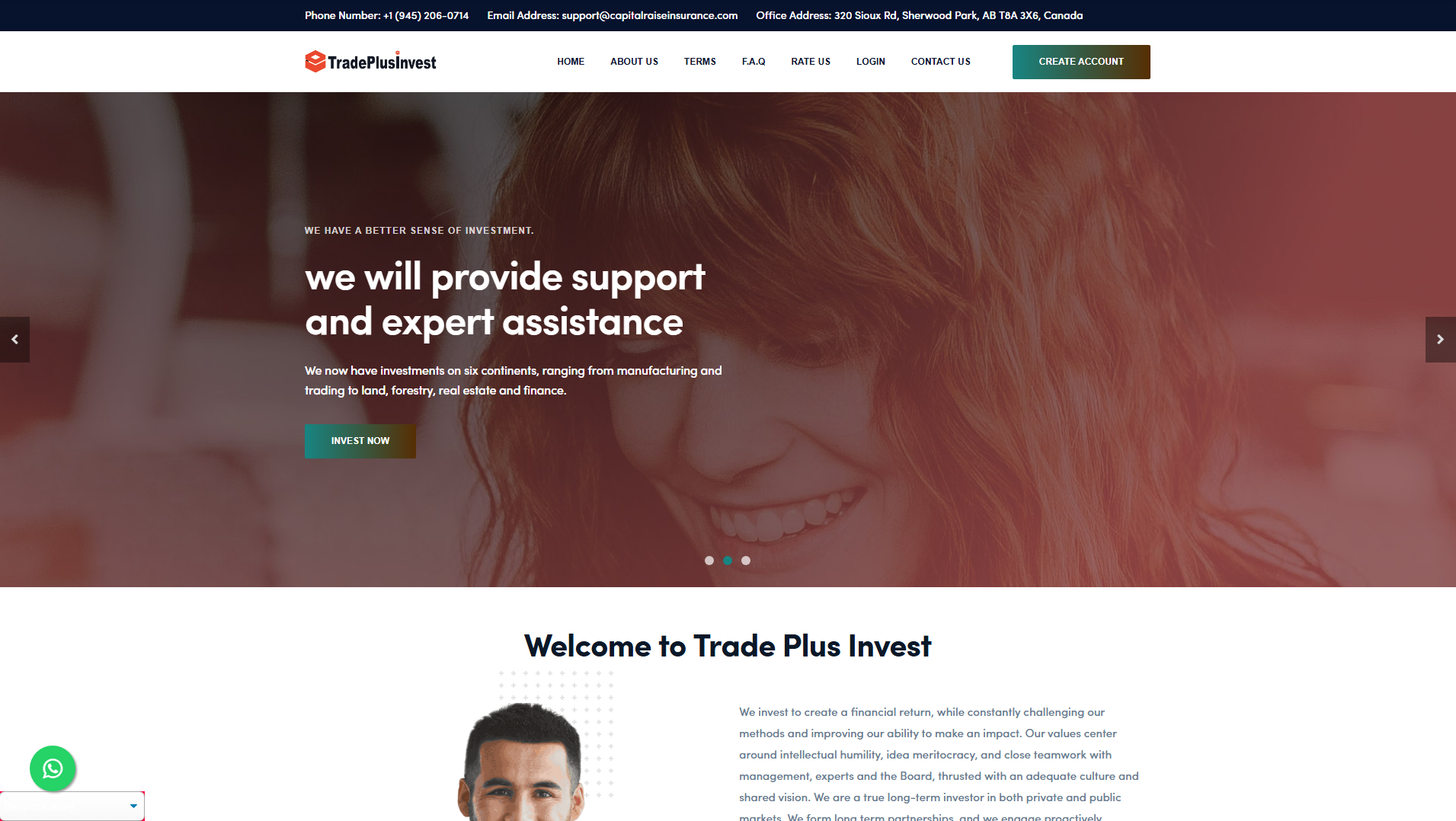 Forensic screenshot of tradeplusinvest.com showing the phishing page layout