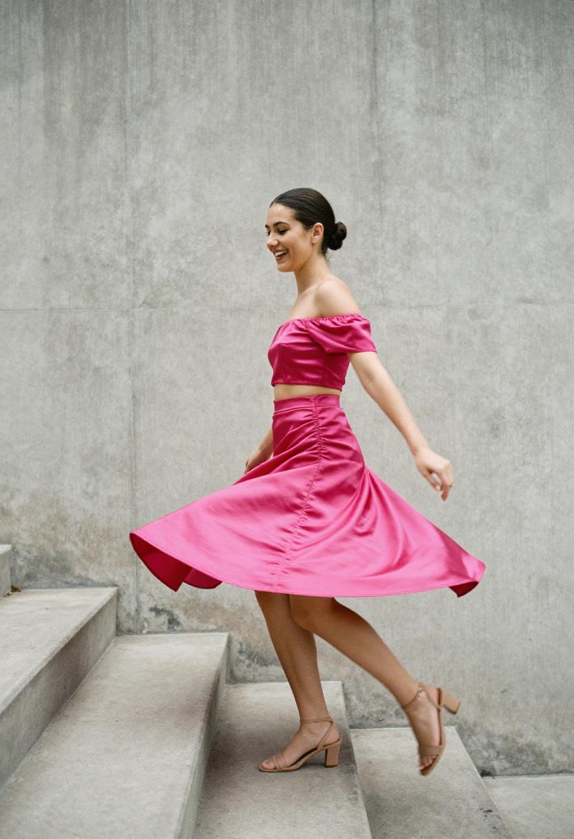 Fuchsia ruched satin co-ord set against an urban industrial backdrop