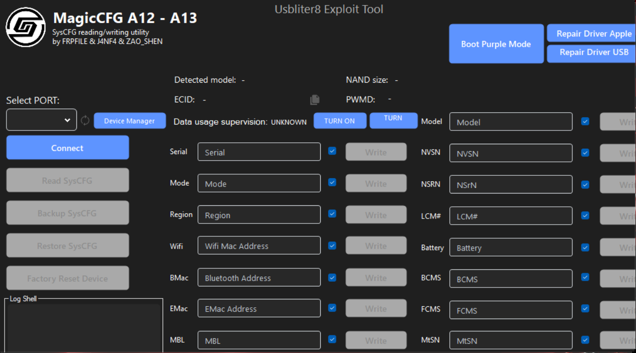USBLiter8 MagicCFG A12 A13 SysCFG reading and writing interface