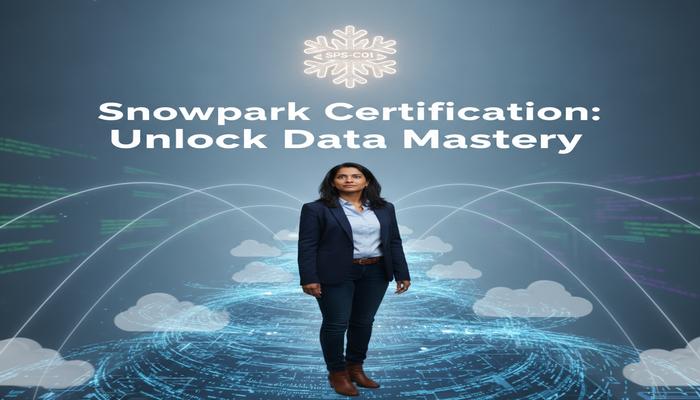 Snowpark Certification: Unlock Data Mastery Professional ascending a path of glowing data streams towards a subtle Snowflake logo and 'SPS-C01' badge, symbolizing career growth and Snowpark mastery.