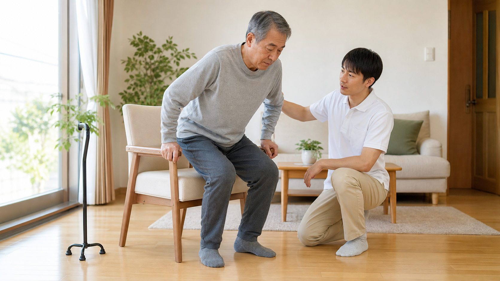 TKA後に専門職の見守りで椅子からの立ち座りを練習する場面