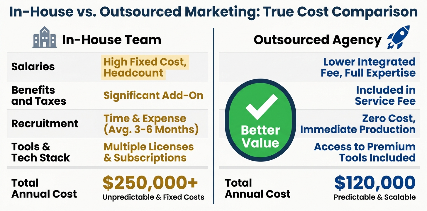 Side-by-side cost comparison of building an in-house marketing team versus hiring an outsourced agency, showing salaries, benefits, tools, and total annual cost differences
