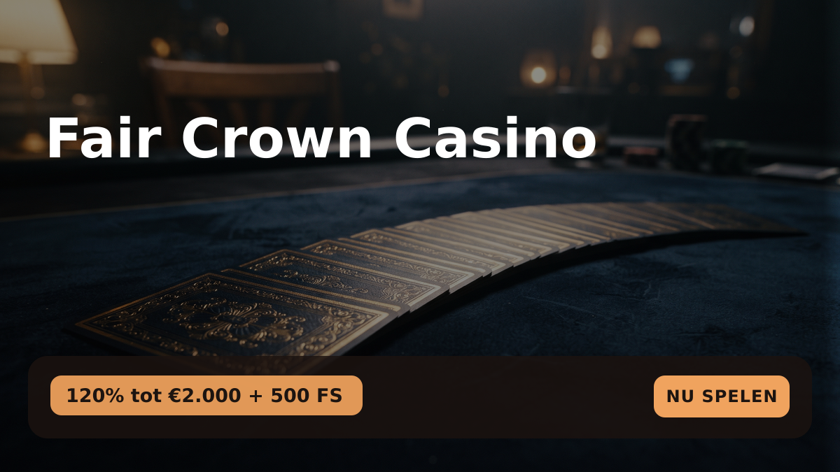 Fair Crown Casino — welkomstbonus 120% tot €2.000 + 500 FS, betalingen: Visa, Mastercard, iDEAL, Bancontact, Apple Pay