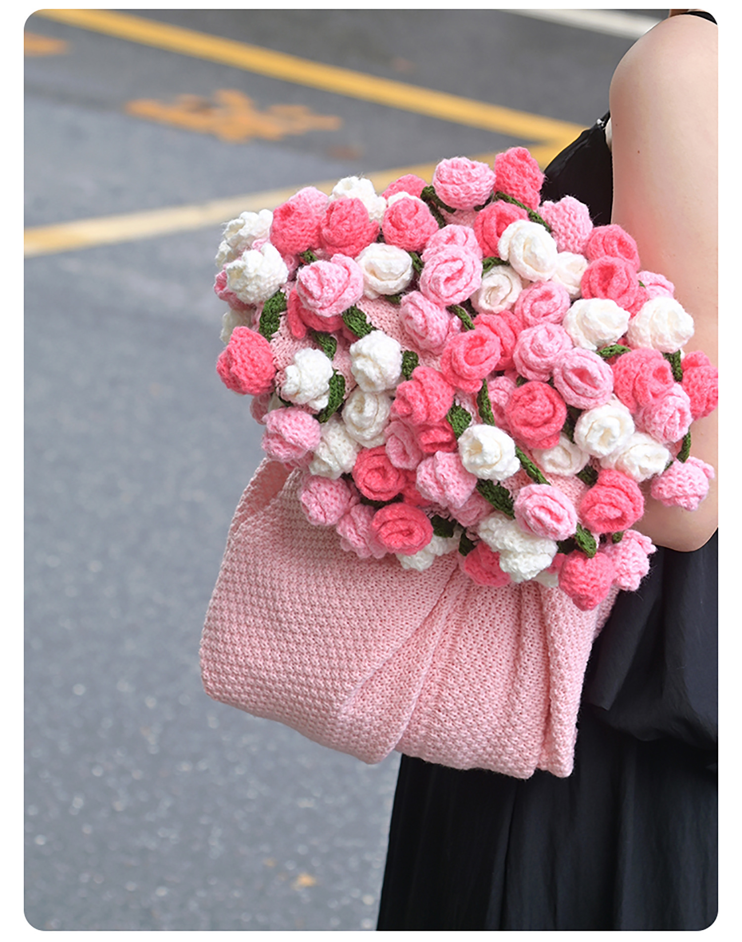 Pink and White Diameter: 160 cm -99 Woven Flowers Handmade Rose Bouquet Knit Blanket - Soft Pink Acrylic Throw with 3D Crochet Flowers - Perfect Gift for Her, Birthday, Valentine's Day, Home Decor