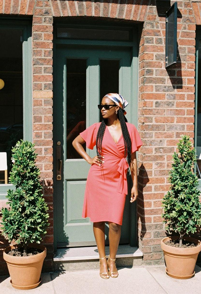 Coral wrap midi dress with flutter sleeves for outdoor summer wedding