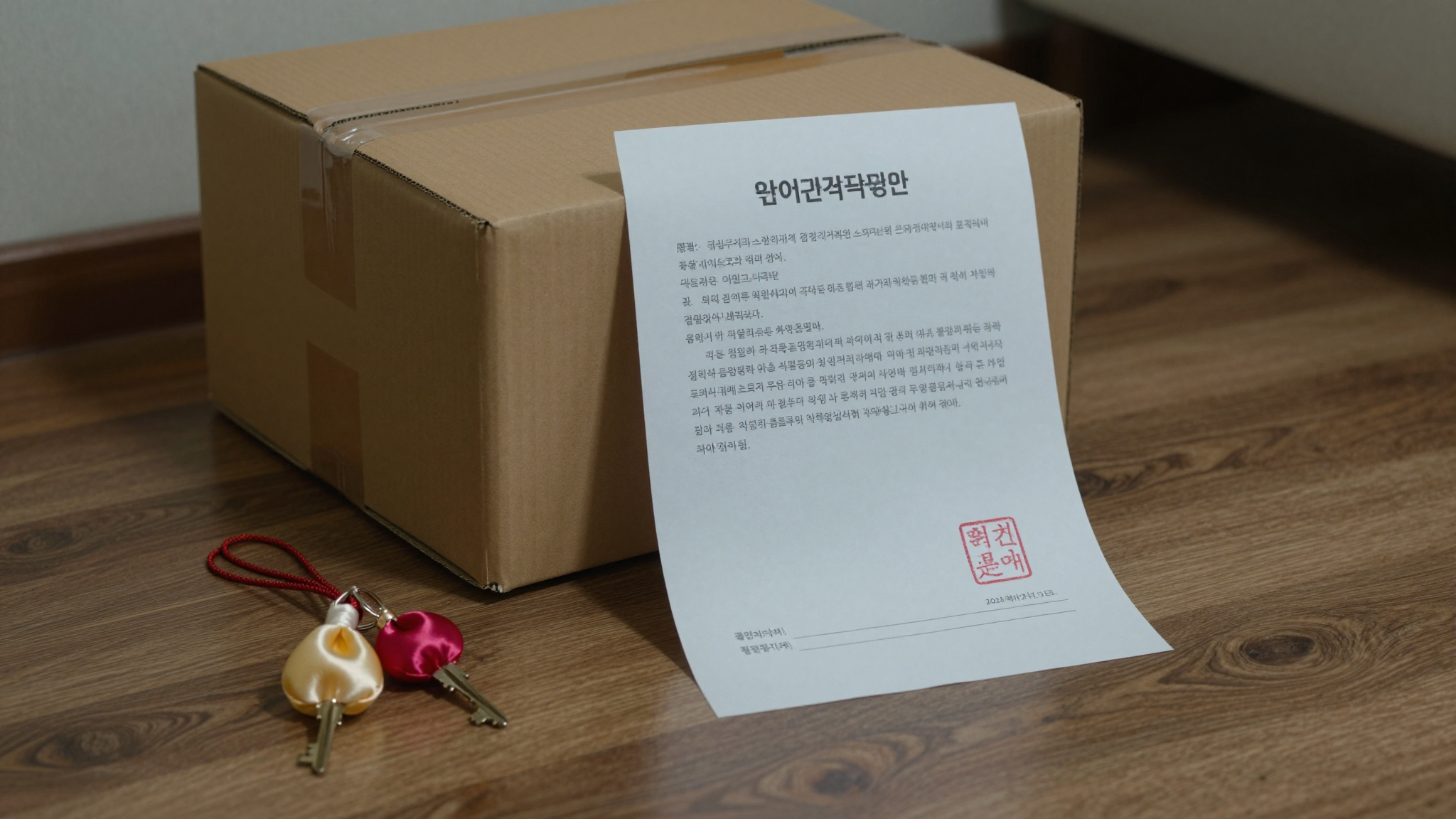어두운 방 안에 반쯤 싸여진 짐 상자와 바닥에 놓인 전통 노리개 열쇠고리, 붉은 도장이 찍힌 전세 계약서가 놓여 있다.