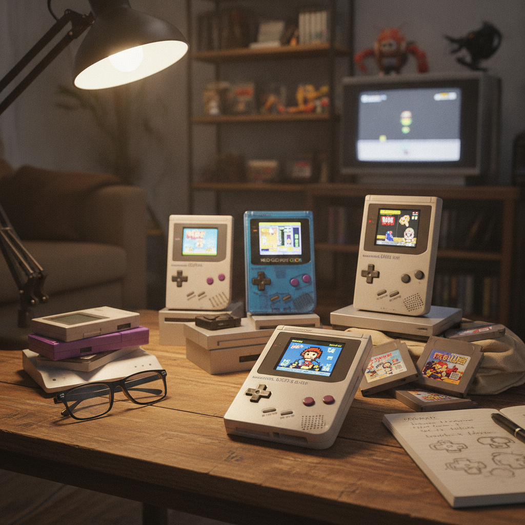 A collection of various retro handheld gaming devices.